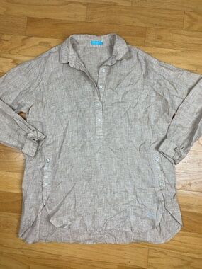 J.Mclaughlin Fallon Relax Fit Linen Blouse Popover Top Khaki Tan Old Money Sz M
